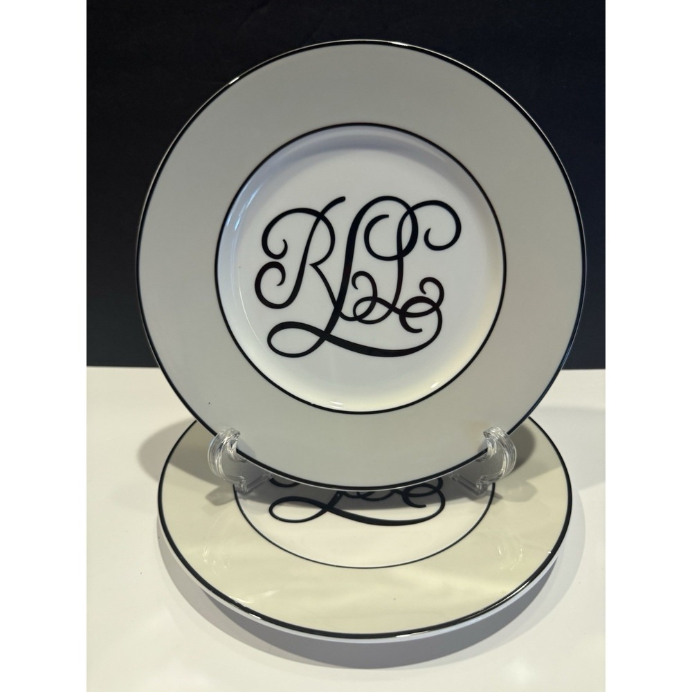 Set of 2 Ralph Lauren Monogram RL Script Accent Salad Plates Black White 8.5"